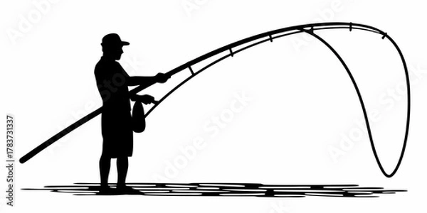 Obraz Silhouette of a man in a cap fishing with a bent rod and a bag in black and white illustration