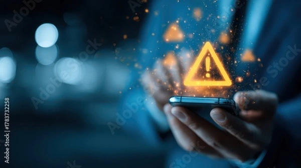 Obraz A man in a suit holds a smartphone with a glowing blue exclamation mark, indicating a warning or error message on the screen