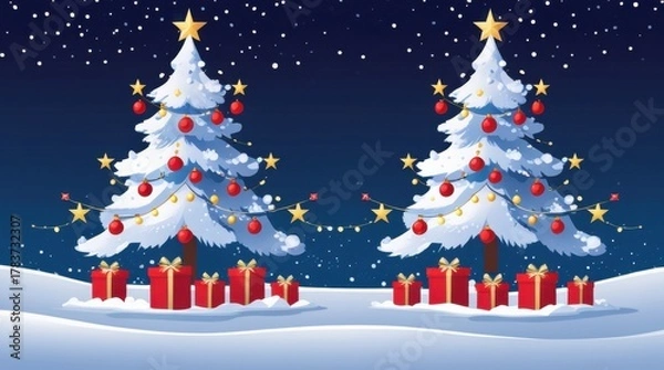 Fototapeta Two christmas trees with gifts in a snowy landscape