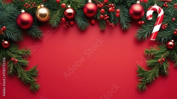 Fototapeta Festive christmas ornaments and greenery on red background