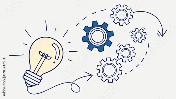 Fototapeta Innovative thinking with creative gears, a lightbulb moment sparks process automation, brainstorming solutions for business strategy and workflow efficiency