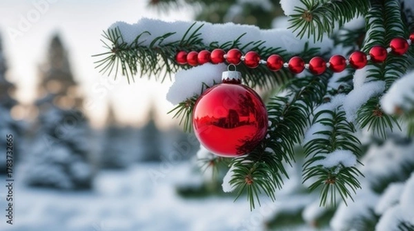 Fototapeta Red ornament and beads on snowy christmas tree branch