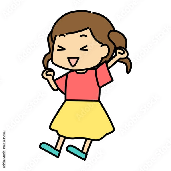 Fototapeta ガッツポーズをして喜ぶ女の子のイラスト（うれしい・元気・笑顔・ポジティブ）