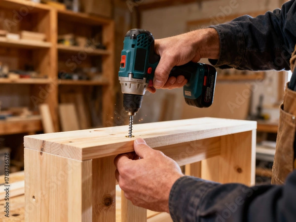 Fototapeta Muscular hands driving screw with impact driver into wooden assembly against cozy workshop with wooden shelves background creating atmosphere of quality work and masculine craftsmanship.