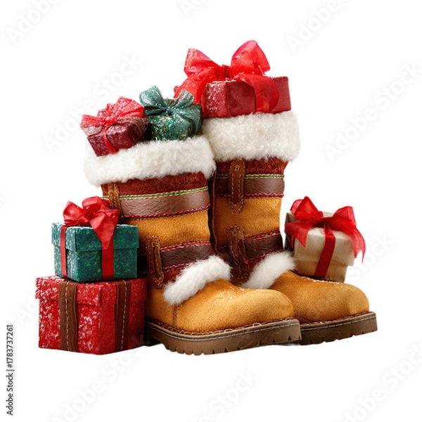 Obraz Festive Santa boots overflowing with beautifully wrapped Christmas gifts and red bows for holiday cheer.