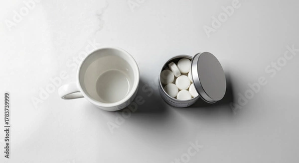 Fototapeta White cup next to medicine container with tablets, minimalistic style, clean background
