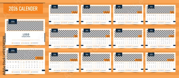 Fototapeta 2026 Desk Calendar Template | Minimal & Modern Corporate Annual Table Calendar Design | Editable Business Branding Printable Desk Calendar 2026