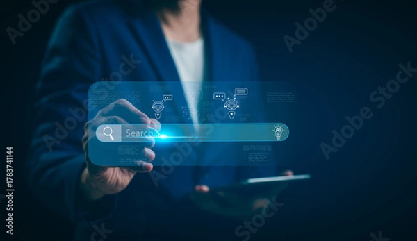Fototapeta A businessman uses tools search for information, AI assistant represent smart technology, artificial intelligence innovation, data management digital communication tool productivity modern interaction