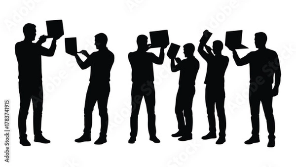 Fototapeta People interacting with digital devices silhouettes isolated on white background, Vector