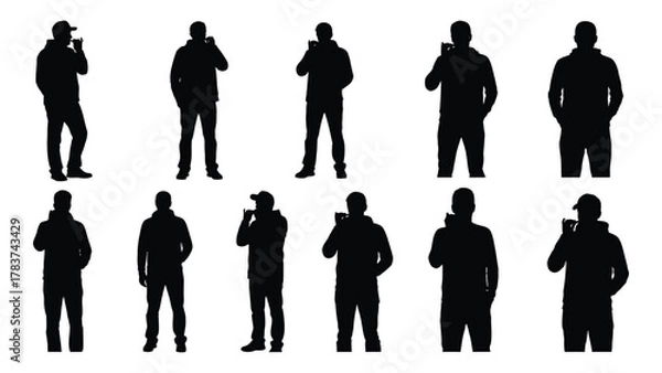 Fototapeta Collection of men's silhouettes vaping or standing isolated on white background, Vector