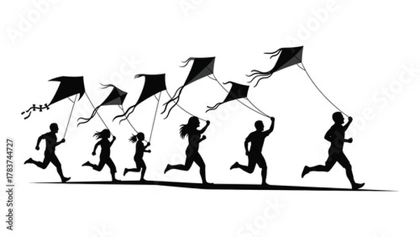 Fototapeta People running with kites silhouette isolated on white background, Vector