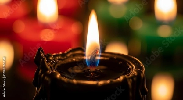 Fototapeta Closeup of a single lit black candle with a bright flame, surrounded by blurred colorful candles in red and green, creating a warm and festive atmosphere