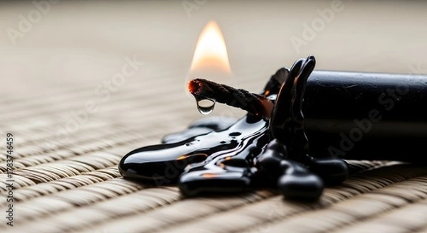 Fototapeta Closeup of a burning black candle with melted wax and a dripping drop of wax on a textured surface