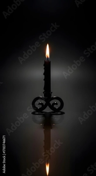 Fototapeta A single black candle in a decorative holder, lit and casting a warm glow against a dark, moody background, with its reflection visible below