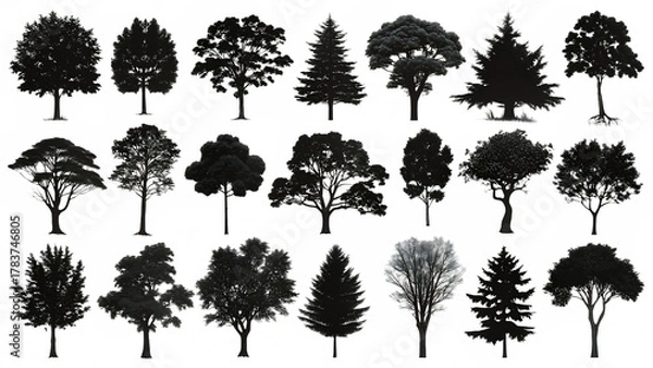 Fototapeta Collection of twenty four tree silhouettes isolated on transparent background