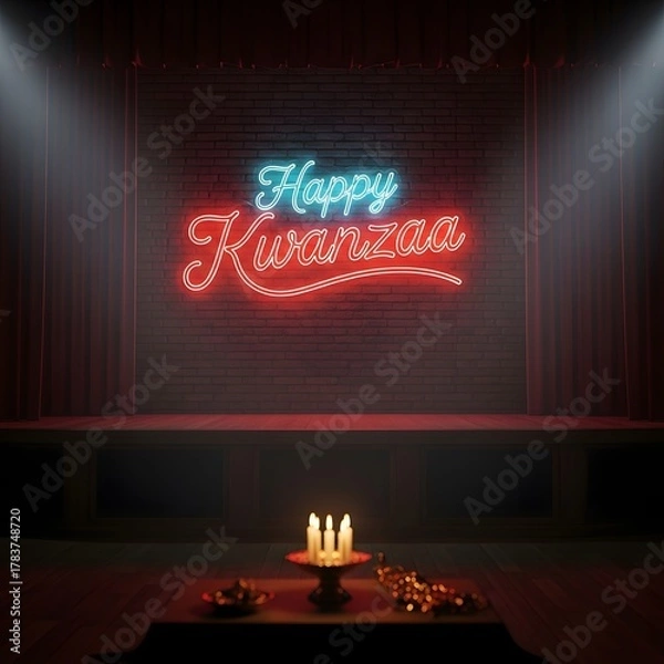 Fototapeta Happy kwanzaa neon sign glowing on a brick wall with candles lit on a table in front of it, festive holiday celebration