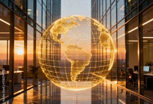 Obraz Holographic golden Earth globe in a modern glass office at sunset, illustrating global business, international finance, and network connection.