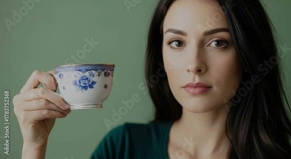Obraz young lady holding a tea in front of a green screen
