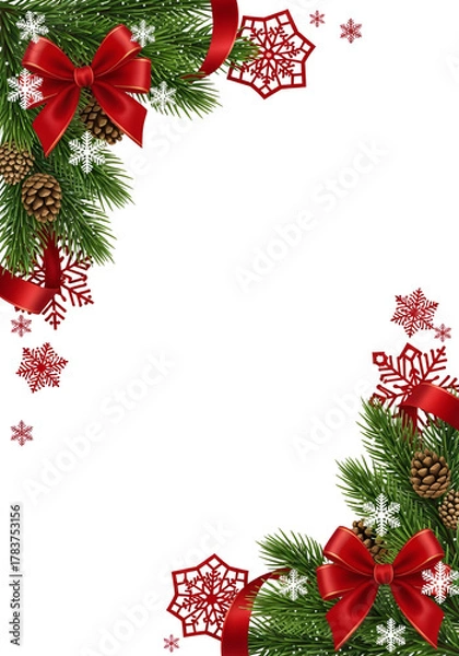 Obraz Festive Christmas corner frame with poinsettia, pine branches, and red snowflake cutouts. Isolated element for vertical design or social media stories.