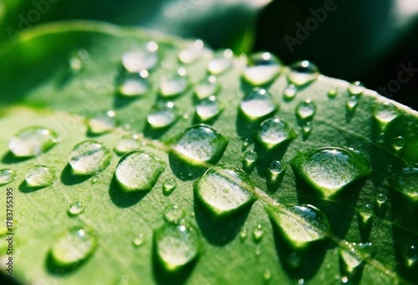 Fototapeta Macro close-up of fresh, clear water drops or morning dew resting on a vibrant green leaf, symbolizing nature and purity.