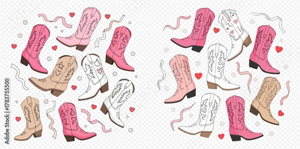 Fototapeta Two circular arrangements of stylish cowboy boots in pink, white, and tan colors, adorned with hearts and decorative ribbons.