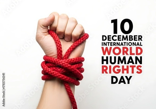 Fototapeta A clenched fist bound by a red rope, symbolizing the struggle for human rights, set against a white background with text 10 december international world human rights day