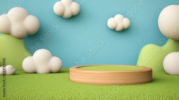 Fototapeta 3D Rendered Display Platform with Clouds and Hills for Product Showcase