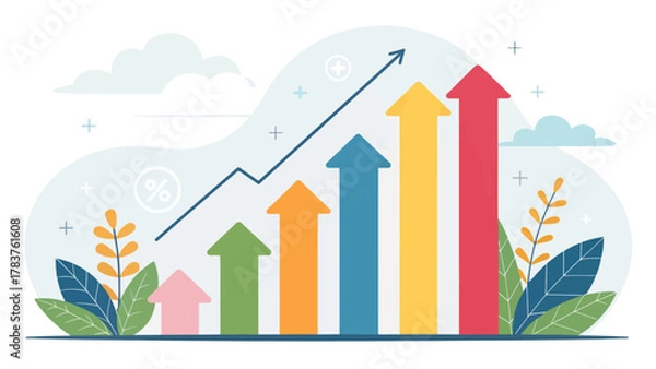 Fototapeta Colorful vector bar chart with an upward arrow showing financial growth