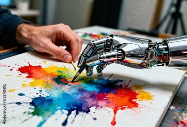 Fototapeta A human artist and a detailed robotic hand painting together on a colorful canvas, symbolizing AI creativity, human-robot collaboration, and generative art.