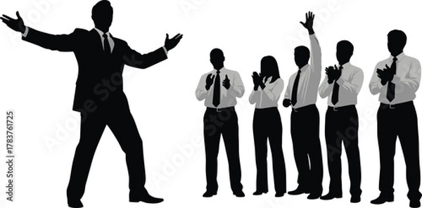 Obraz Silhouette business presentation, leadership, teamwork, communication, motivation, corporate unity, speaker addressing team, success, strategy, professional growth, business meeting