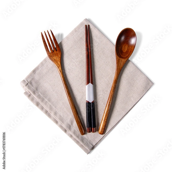 Fototapeta Top view of wooden fork, spoon, and traditional Asian chopsticks placed symmetrically on a beige linen napkin, isolated on a clean white background