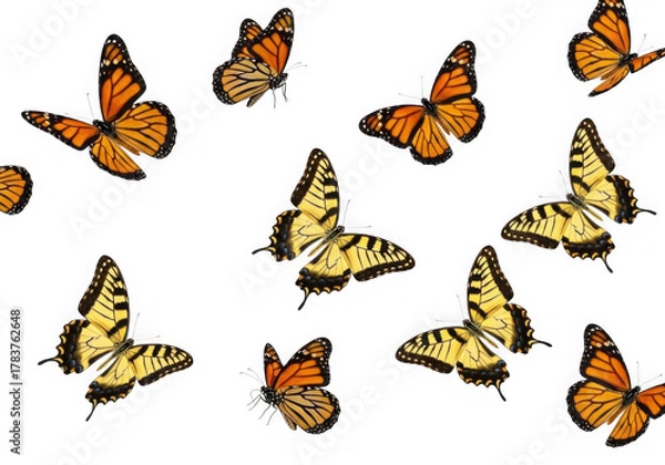 Fototapeta A swarm of monarch and tiger swallowtail butterflies in flight