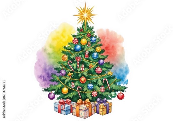 Fototapeta Whimsical christmas tree with rainbow wings and gifts