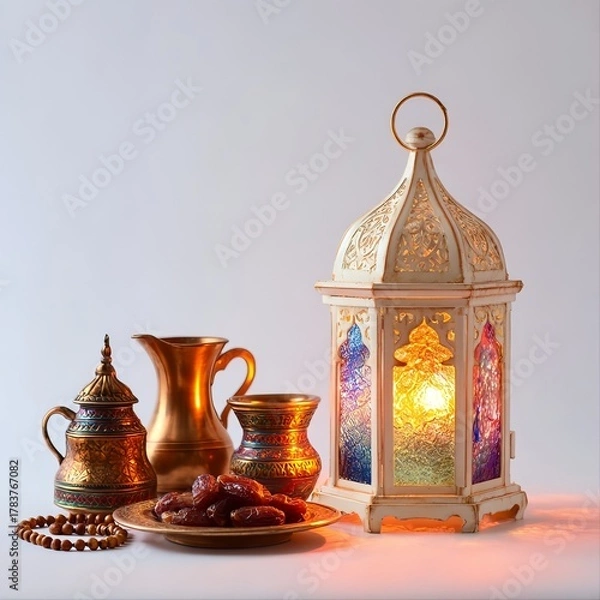 Obraz The image features a serene and traditional Islamic-themed setup against a plain light background. 