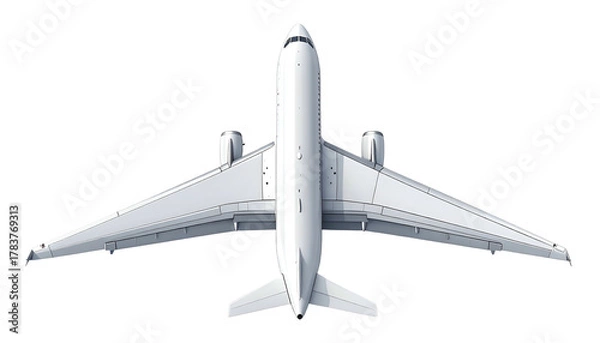 Fototapeta Top-down view of a modern jet airplane with its wings extended against a stark black background