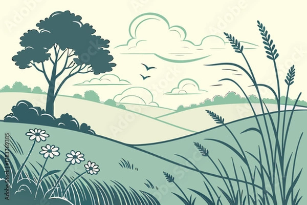 Fototapeta Lush Tree Silhouette on Hill with Flying Birds Vector - Blue Duotone Graphic