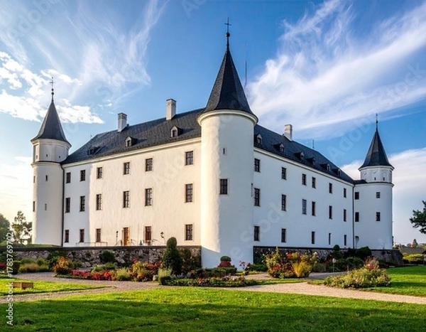 Obraz White Castle with Black Roofs and Green Gardens Under Sunny Sky