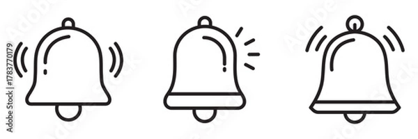 Obraz Bell Notification Icon Set – Outline and Minimal Alert Symbols for Reminder, Alarm, and Interface Design
