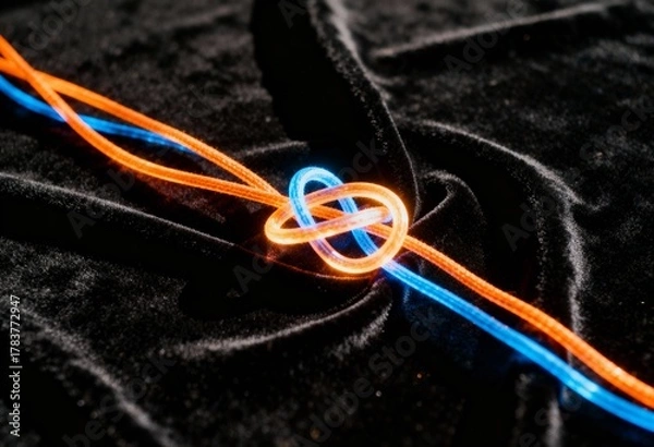 Obraz Glowing orange and blue fiber optic cables intertwined in a complex knot on a dark velvet background, symbolizing data connection, network complexity, or a partnership.