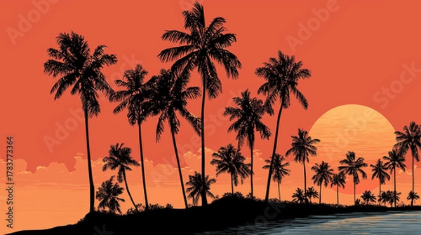 Fototapeta Palm tree silhouette vector at the beach with sunset colors for wallpaper