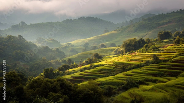 Fototapeta Lush green step rice terraces (Pa Pong Piang) in Chiang Mai with fog rolling over the fields for wallpaper