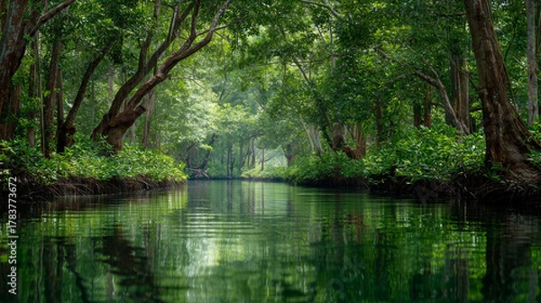 Fototapeta Mangrove Forest Waterway with calm water canal winding through a lush green mangrove forest in Krabi