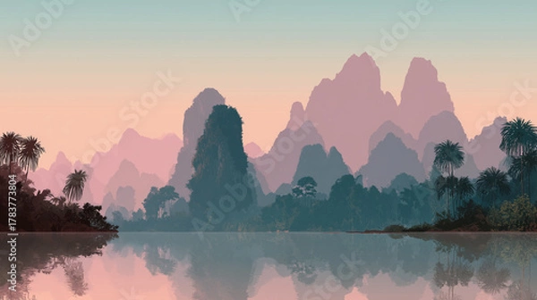 Fototapeta Vector art of layered silhouette of Khao Sok karsts mountain for wallpaper