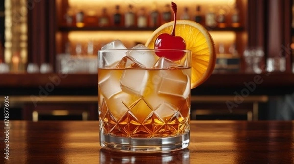 Fototapeta  Old fashioned bourbon drink with a citrus twist of freshly squeezed orange peel, garnished with a vibrant red cherry and served over shimmering ice cubes that sparkle like diamonds,