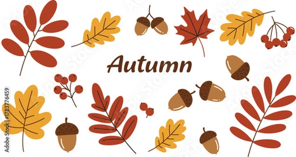 Obraz Autumn season illustration, fall leaves, acorns, berries, branches, warm colors, seasonal design, nature elements, festive artwork, thanksgiving theme, decorative clipart, harvest vibe