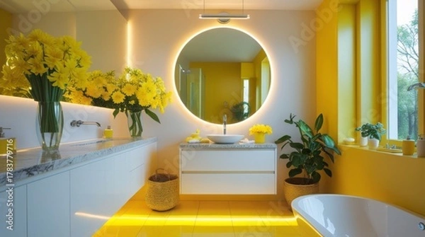 Fototapeta Sunny yellow bathroom with a large curved mirror hanging above a sleek white vanity, featuring soft warm lighting that emanates from a stylish chrome fixture, surrounded by modern elements that evoke 