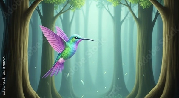 Fototapeta Vibrant hummingbird in flight amidst a serene forest illustration
