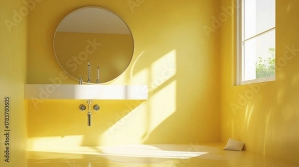 Fototapeta Vivid yellow walls with a smooth matte finish, a shiny chrome faucet with a subtle glow, a minimalist round mirror with a slender frame, soft sunlight reflections dancing across the walls and floor, 