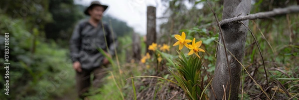 Fototapeta A hiker observes beautiful yellow wild orchids blooming along a forest trail, highlighting the connection between nature and human exploration in serene landscapes.