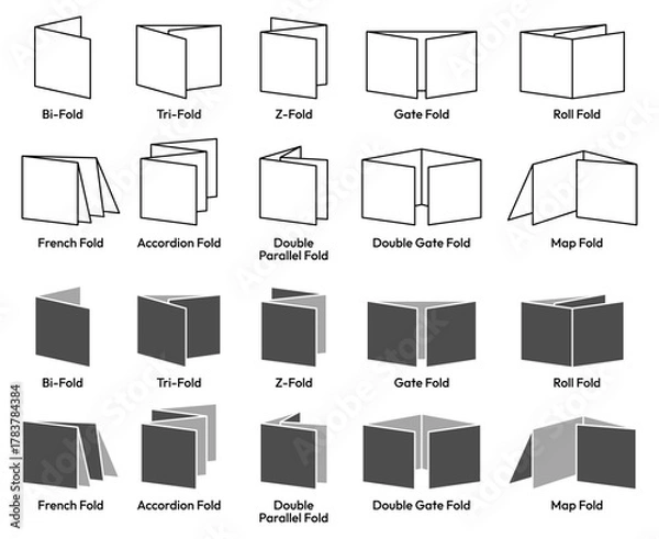 Fototapeta Types of Brochure Folds black line icon set. Types of Brochures Fold paper, Half, Bi-fold, Single, Z Fold, Tri Fold, Double Parallel, Accordion, French, Quarter, gate, roll, map. Vector Illustration.